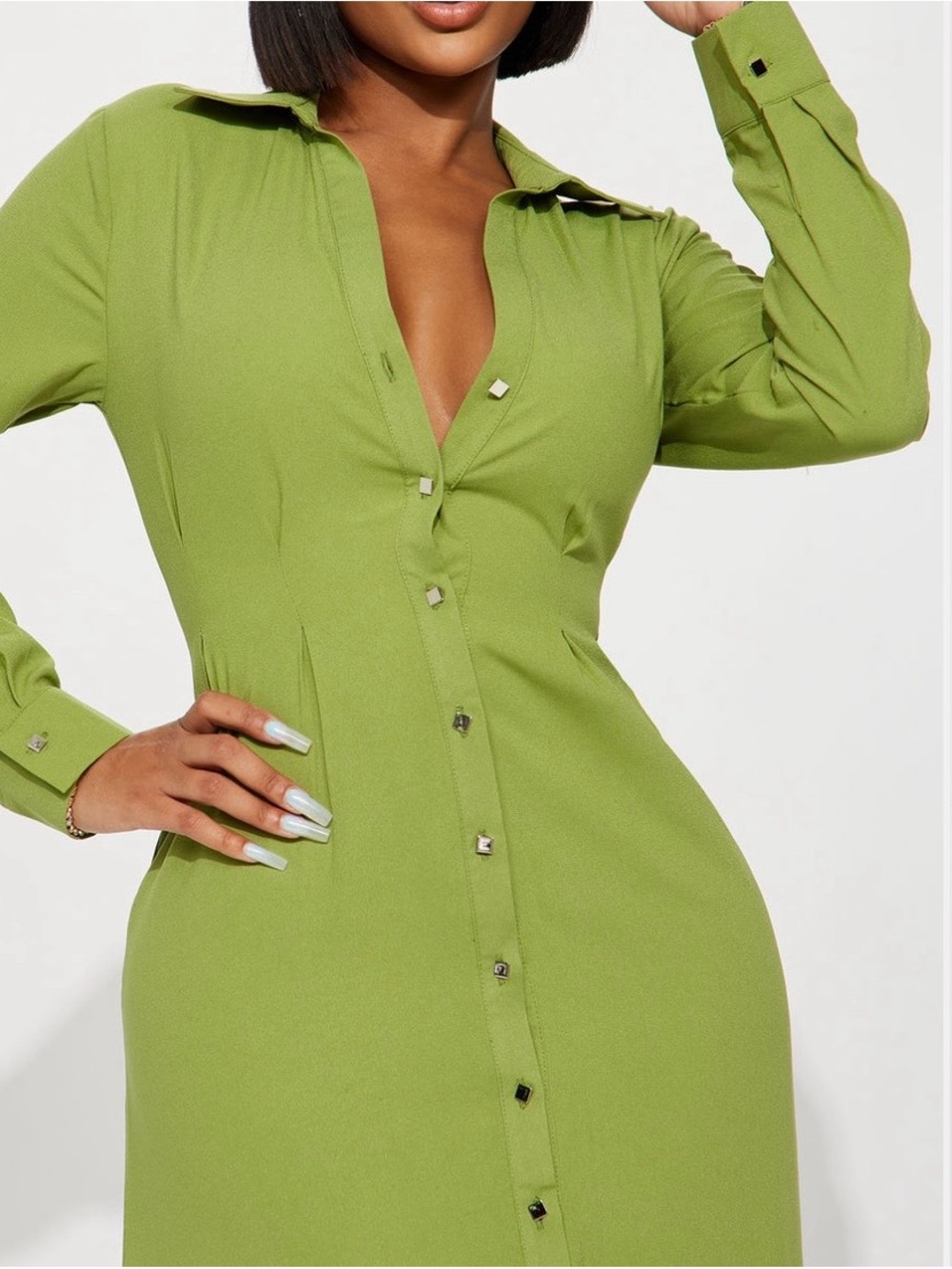 Fashion Nova Ophelia Button Down Midi Shirt
Dress - Green.